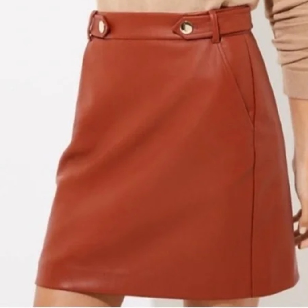 Loft Cognac Brown Vegan Leather Mini Skirt 12 Petite Pockets